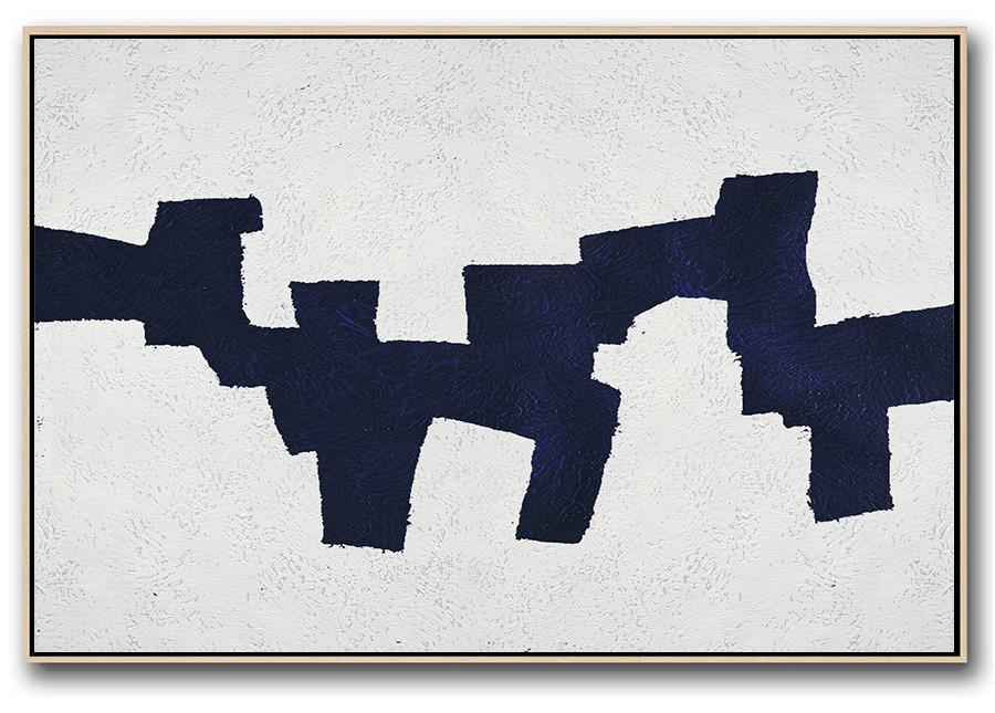 Horizontal Abstract Painting Navy Blue Minimalist Painting On Canvas - Paintings For Sale Abstract Large
